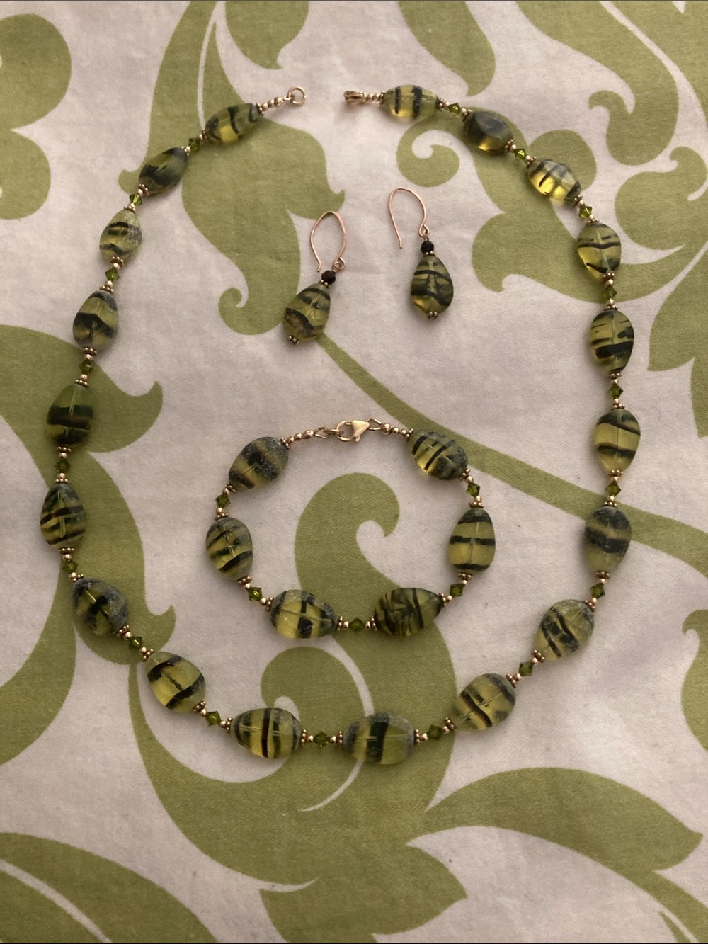 Green Striped Glass Bead Jewelry Set - Necklace, Bracelet & Earrings